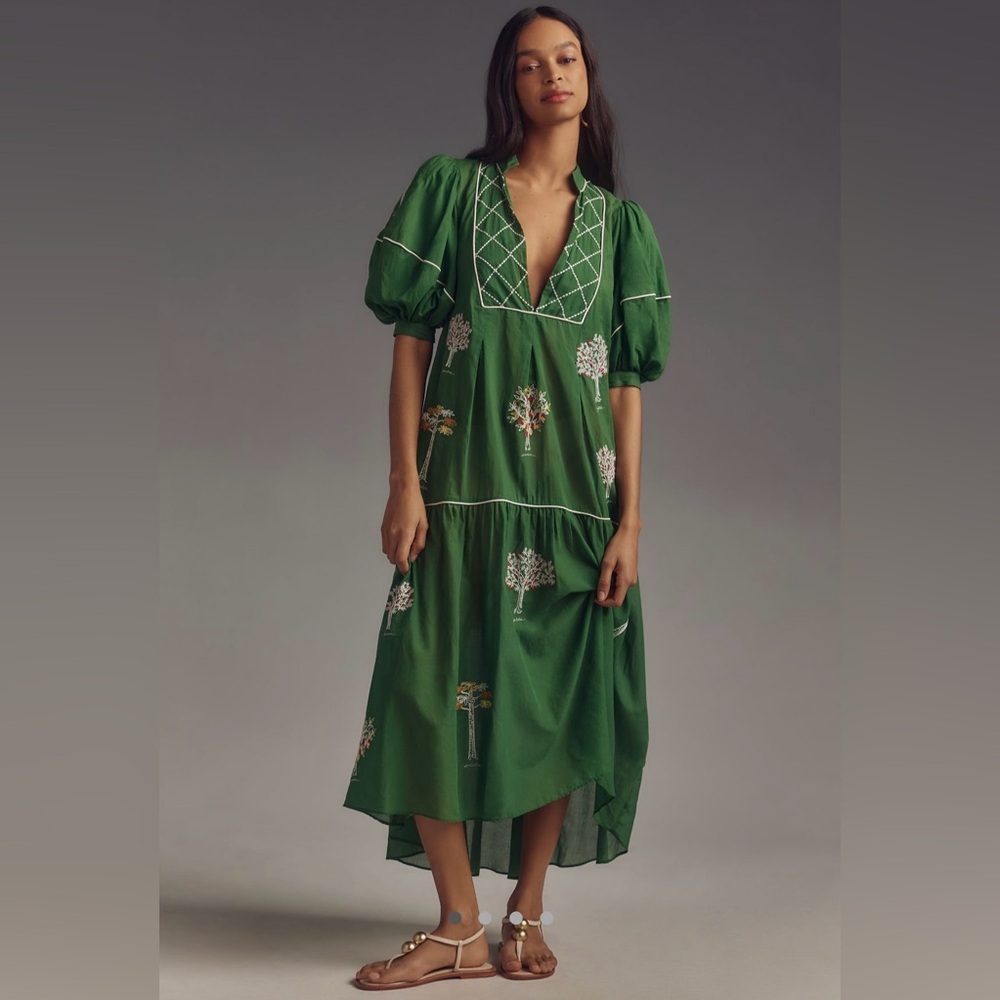 NWT ANTHROPOLOGIE FARM RIO embroidered trees short sleeve midi dress XL
